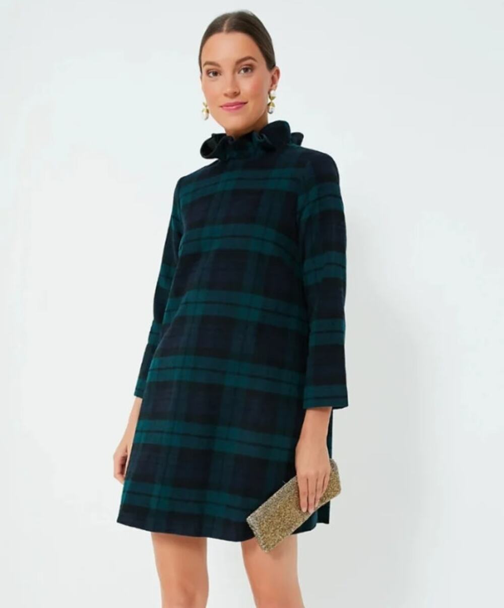 Tuckernuck Blackwatch Daphne Dress Green and Blue Plaid Ruffle Neck Women's S